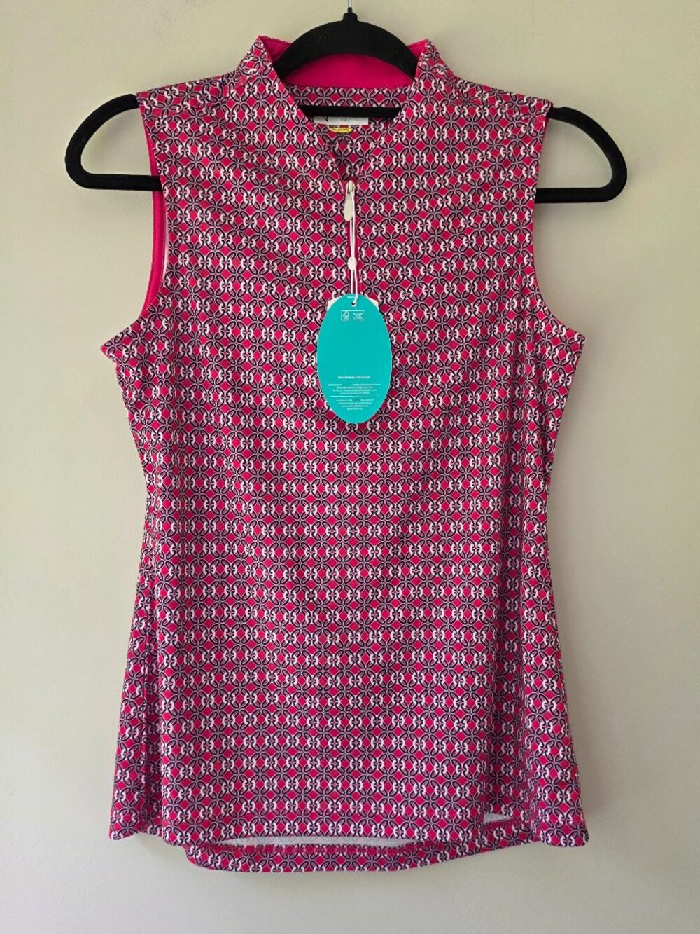 Greg Norman Play Dry Pink Geometric Print Sleeveless Golf Polo Top Small NEW